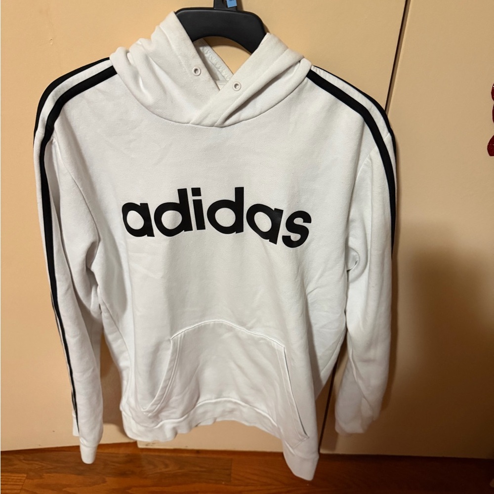 Adidas White Hoodie with Black Logo and Stripes